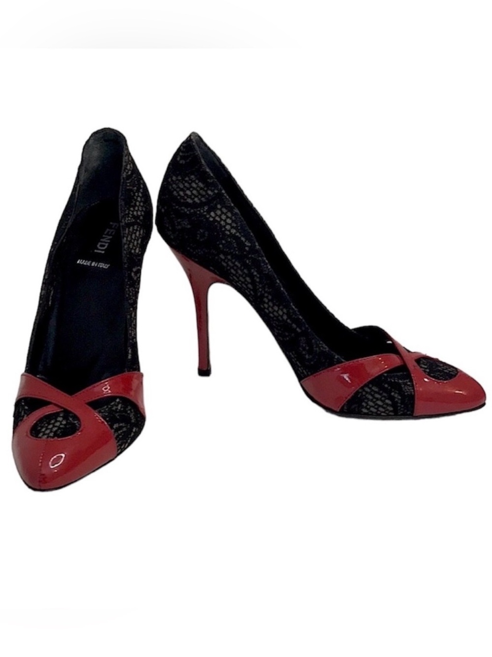 Fendi Vintage Lace Heel Pumps Black with Red Parent Leather Size EU 37 US 7